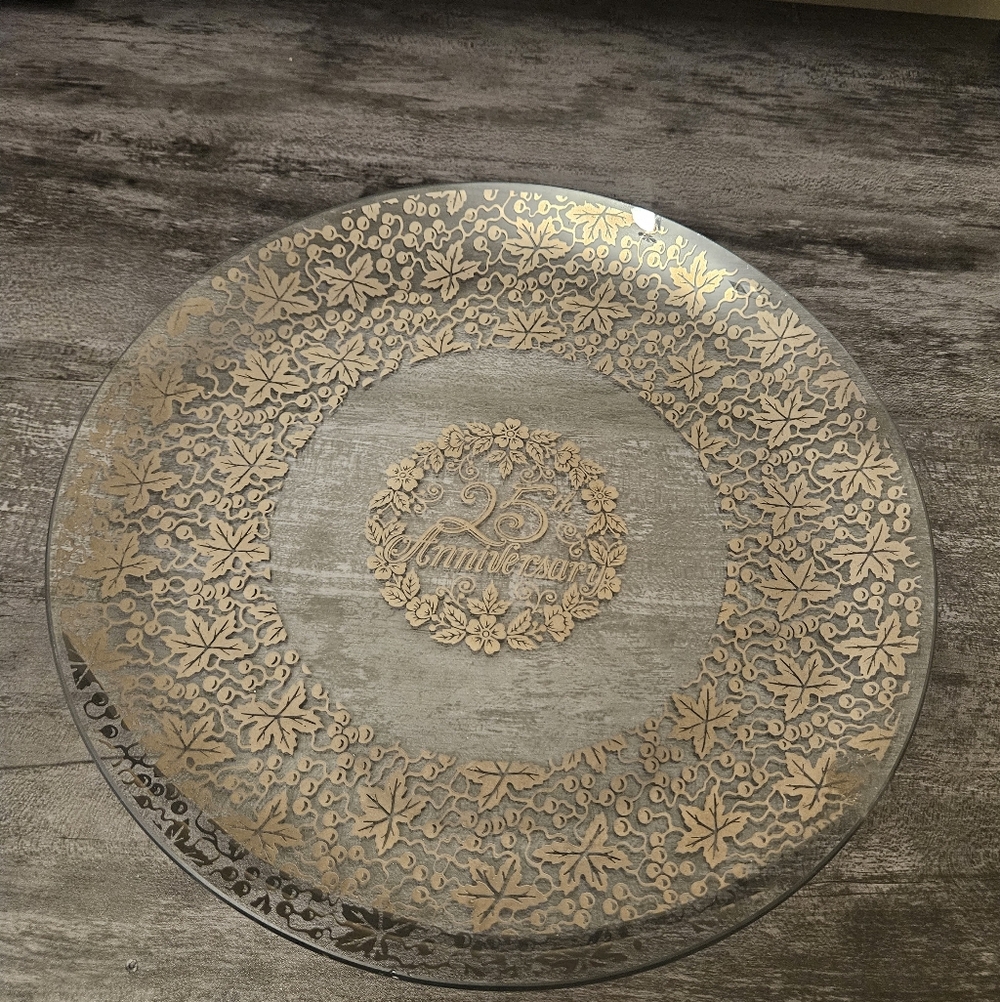 Vintage Lotus Quality 25th Anniversary Glass Crystal Platter Decorative 12”